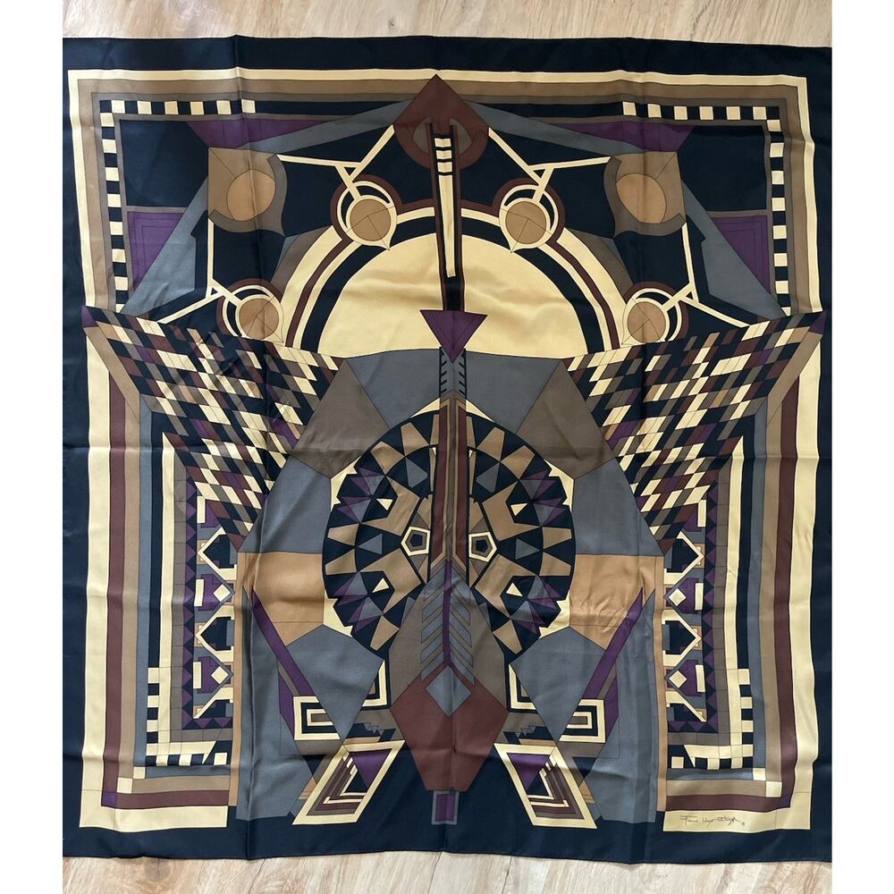 Frank Lloyd Wright 34" Square Silk MoMA Scarf Geometric Brown Gold Architecture